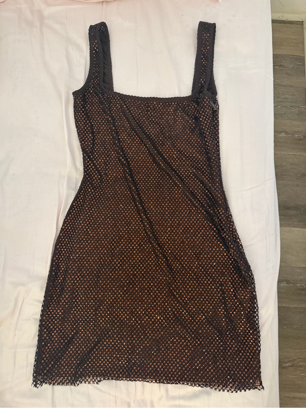Black Mesh Overlay Mini Dress with Brown Underlayer
